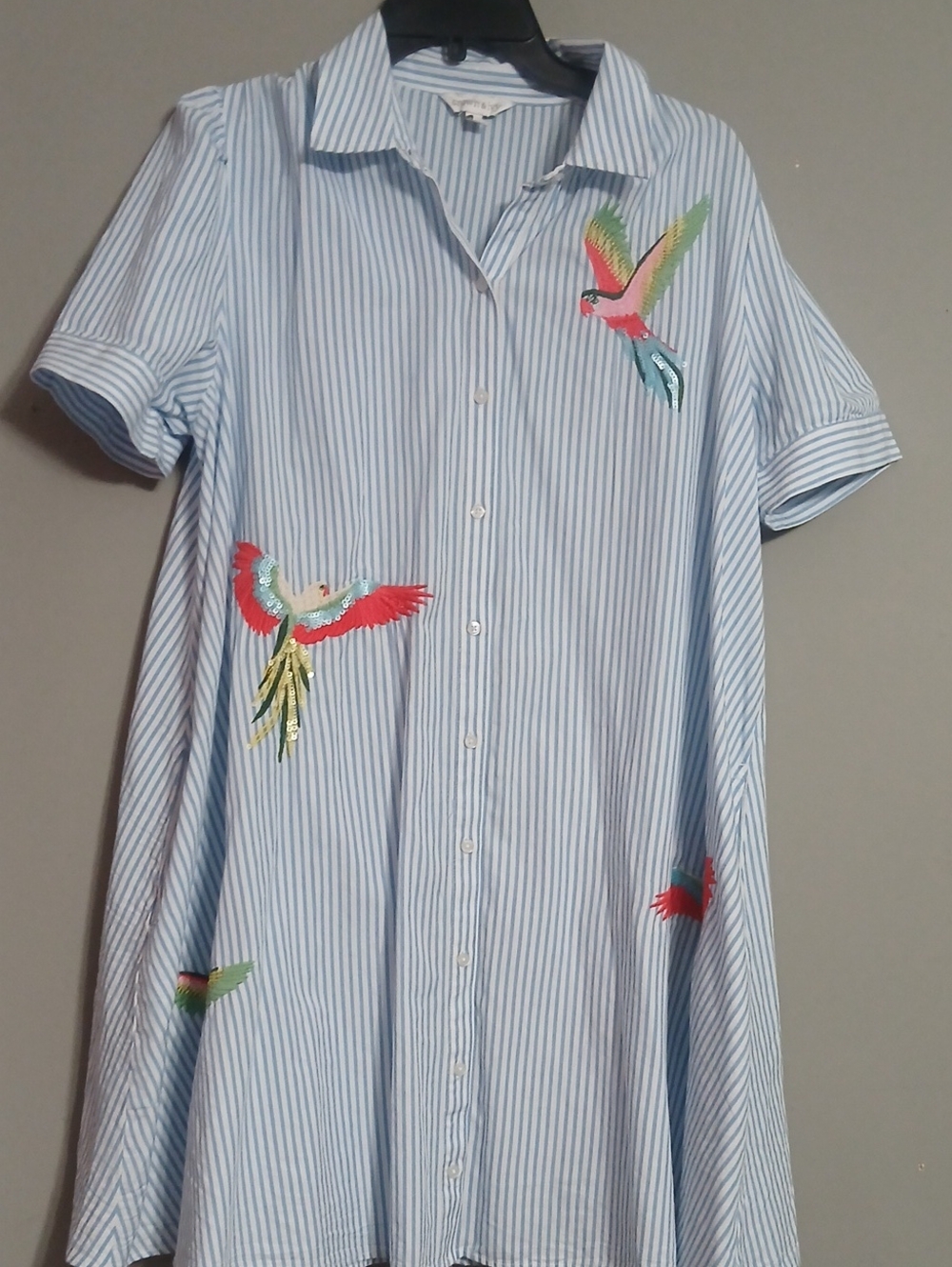 crown & ivy Blue and White Striped Mini Dress with Colorful Parrot Embroidery